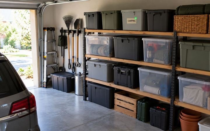 Home garage, a green dot on the camping box