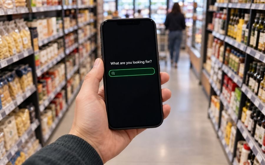 A hand holding a phone in a store aisle, asking June