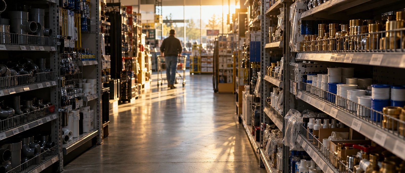 A hardware store aisle; a green dot marks a roll of thread-seal tape on the shelf