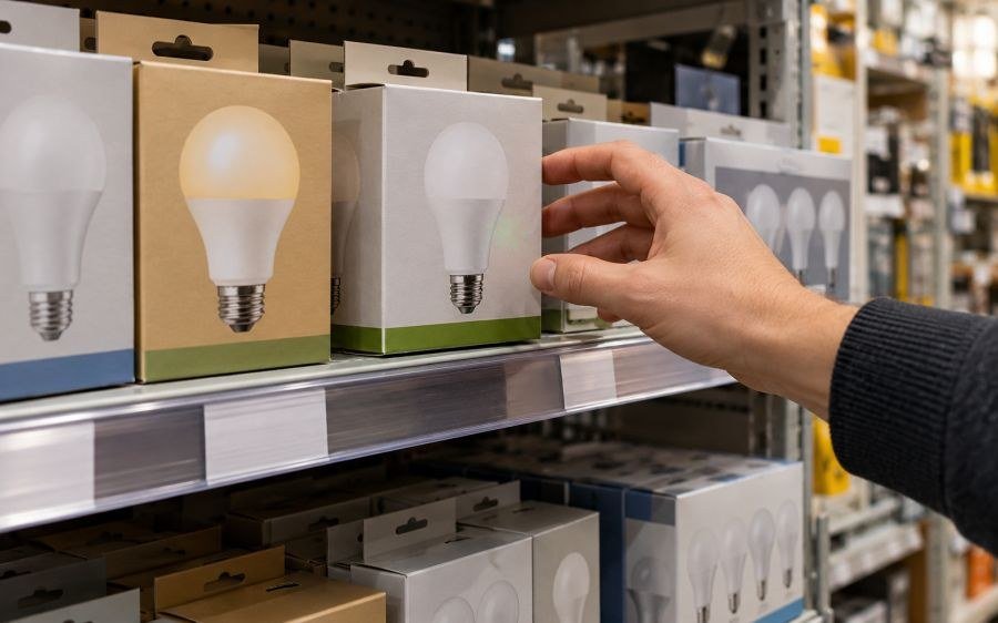 A green dot on a box of LED bulbs, a hand reaching for it