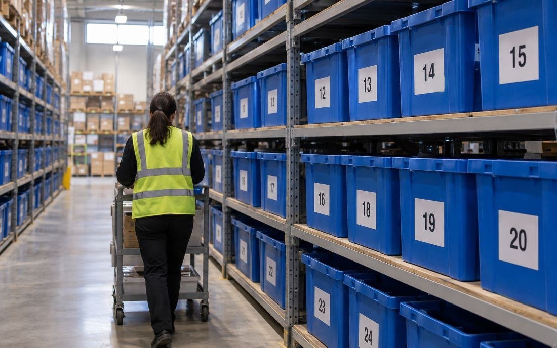 Blue warehouse bins with a green dot on the label of bin 14